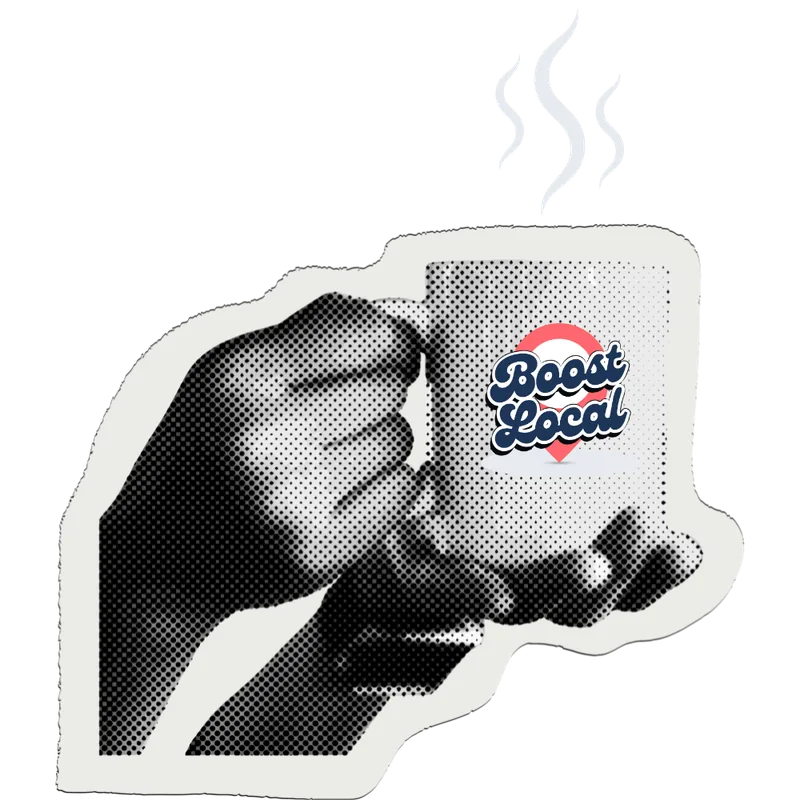 Halftone illustration drinking from a Boost Local mug