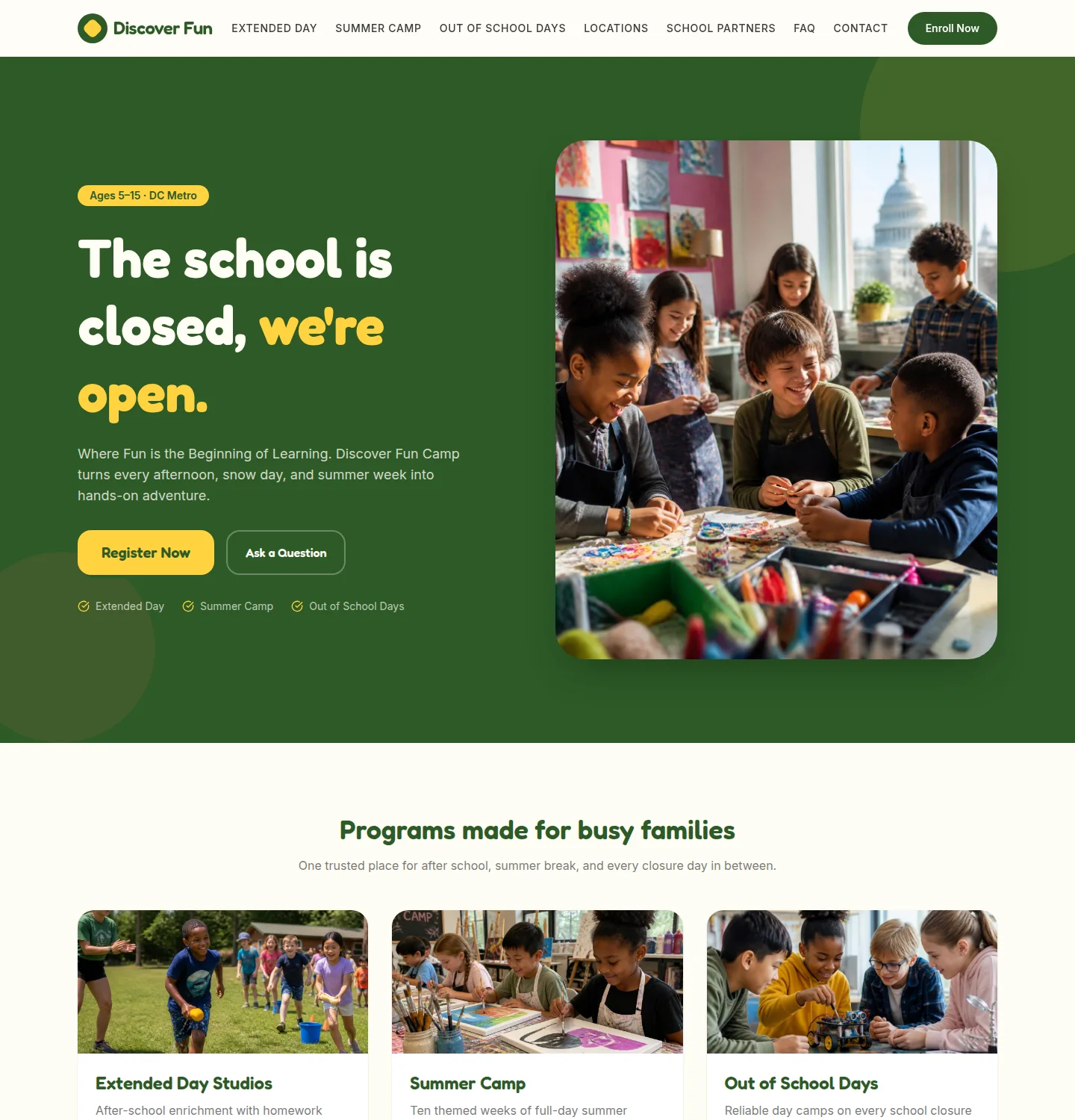 After: Compare the original website with the new Discover Fun Camp website.