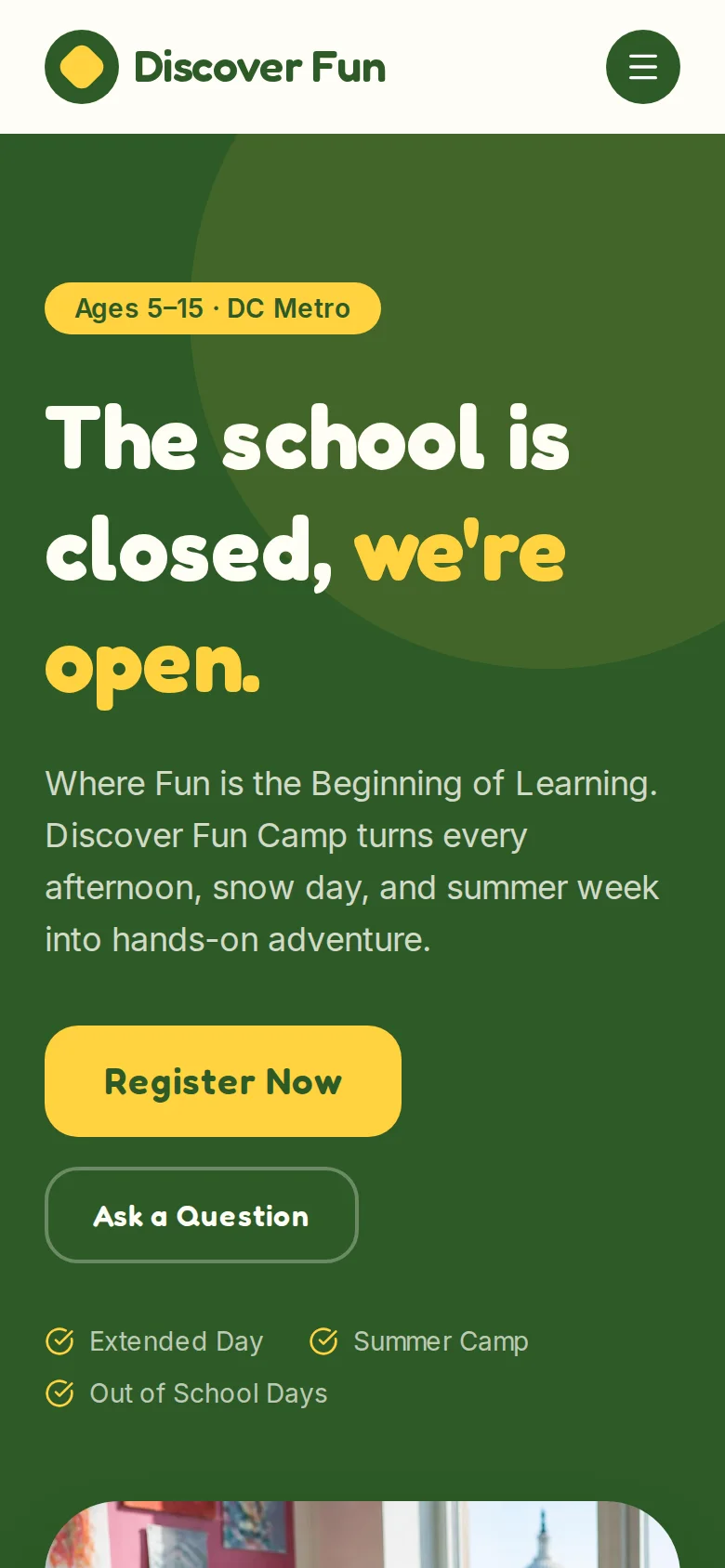 Discover Fun Camp mobile homepage