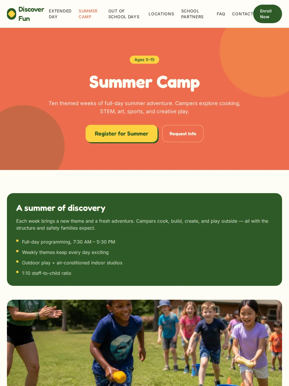 Discover Fun Camp tablet services page