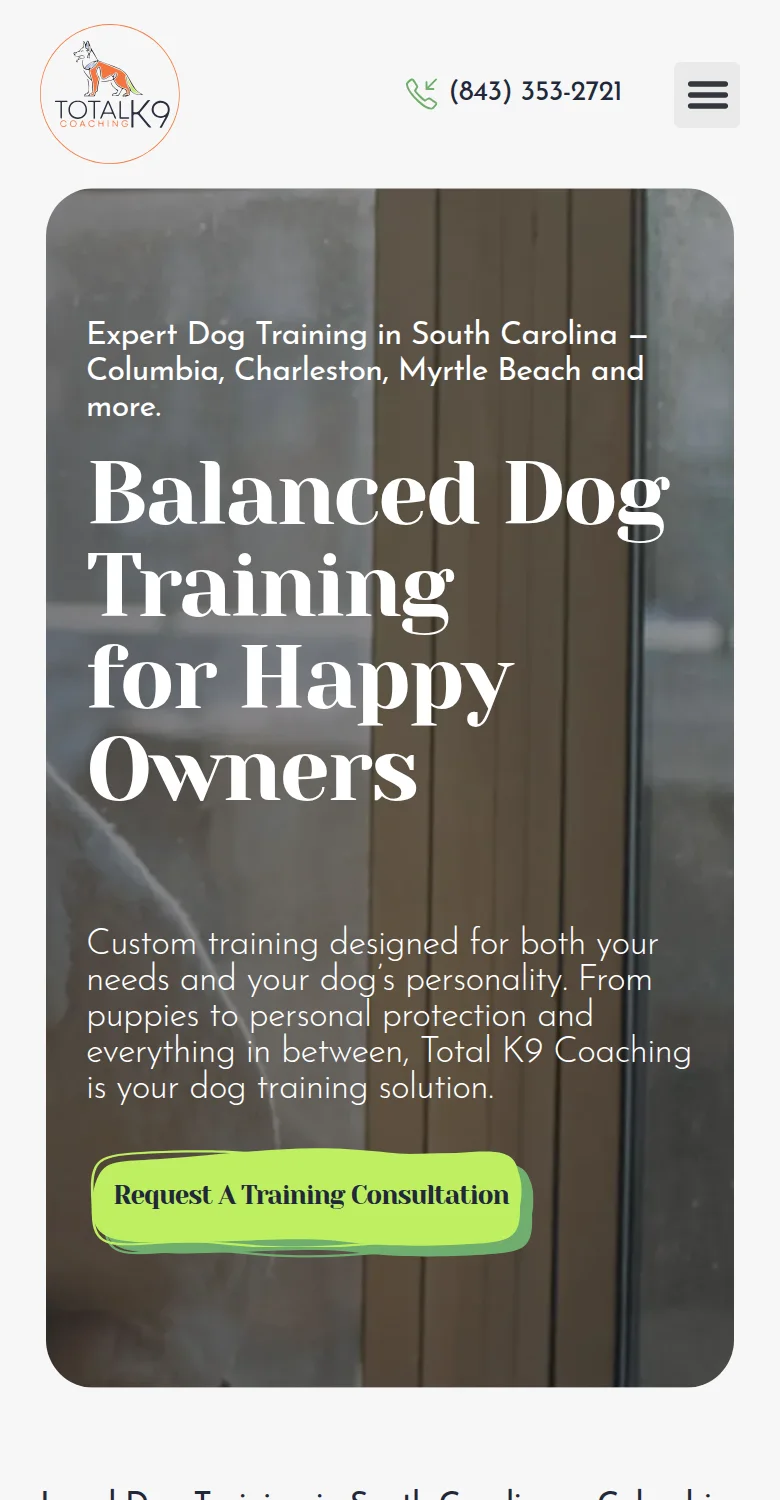 Total K9 Coaching mobile homepage