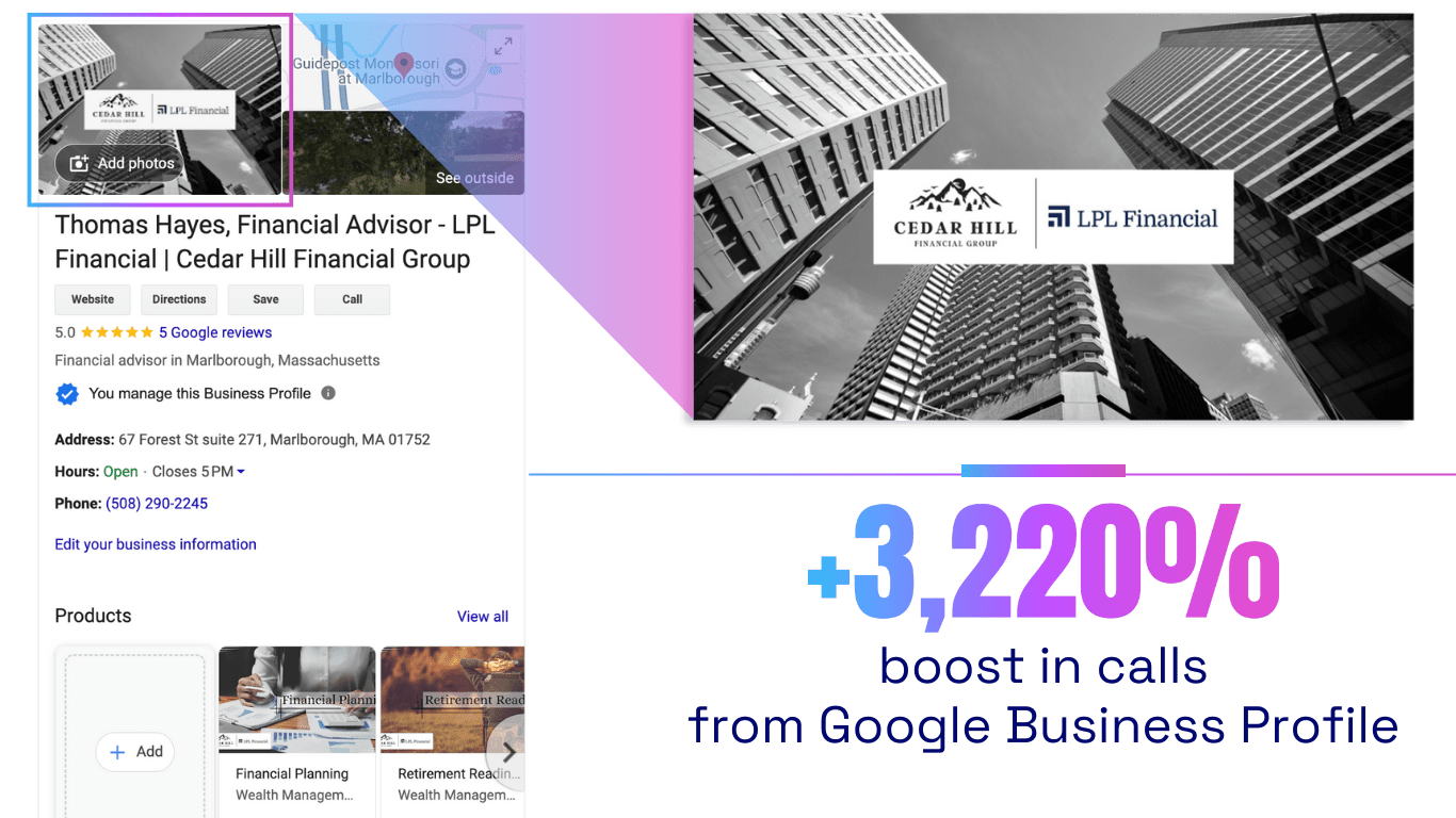 cedar hill financial group - plus 3220 percent boost in calls from google business profile