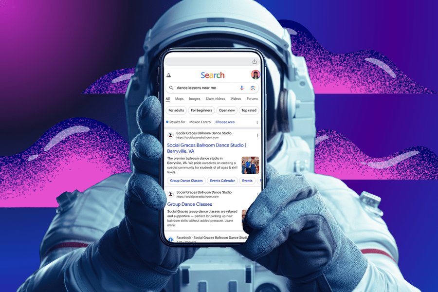 boost local seo services - small business seo - astronaut holding phone with search results